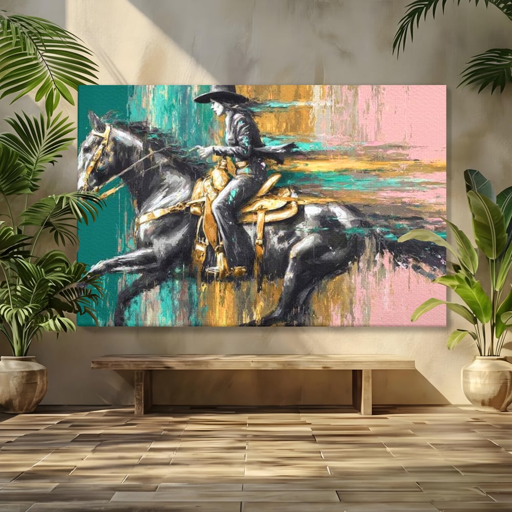 Tablou canvas cu pictura cu femeie calare pe armasar, fara rama, pe sasiu de lemn